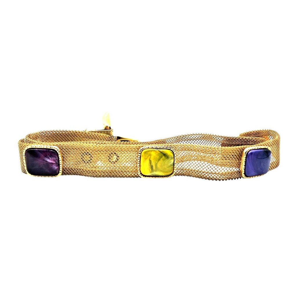 Vintage 1970s/80s Gold Mesh Statement Belt with Multicolor Poured Glass Cabochon - Picture 2 of 8